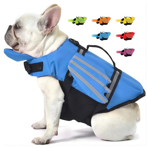 Giubbotti di Salvataggio Per Cani con Ali Giubbotto Salvagente Per Animali Domestici con Mento Galleggiante Salvagente Gilet con Manico e Riflettente per Nuoto e Barca Blu XS
