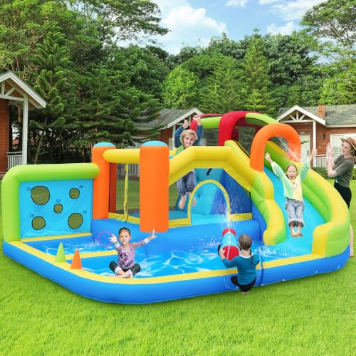 Château Gonflable, Parc Aquatique Multifonctionnel + Parc de Trampolines pour Enfants, Toboggan Aquatique, Mur de Lancer, Panier de Basket, Mur d'escalade, y Compris souffleur de 450 W