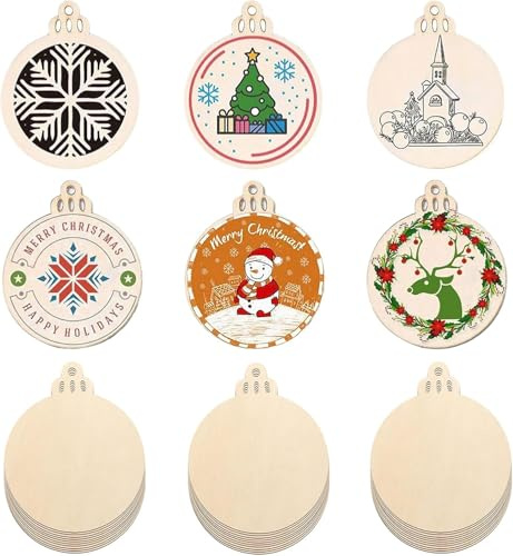 Rotonda in Legno Natale, 60 Pezzi Palline di Legno Ornamenti, Rotonda Ciondolo di Natale, Dischi Decorativo, con Corda di Juta, Decorazioni Albero di Natalizie, Ornamento Natalizio