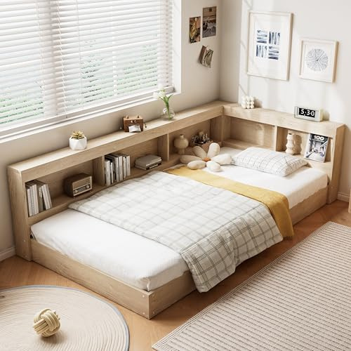 Merax Single Wooden Storage Bed, Multifunctional Single Bed Frame with Storage Compartments, Cabinet Platform Bed, for Children Teenagers, MDF+Plywood, 90 x190 cm, White Oak Color
