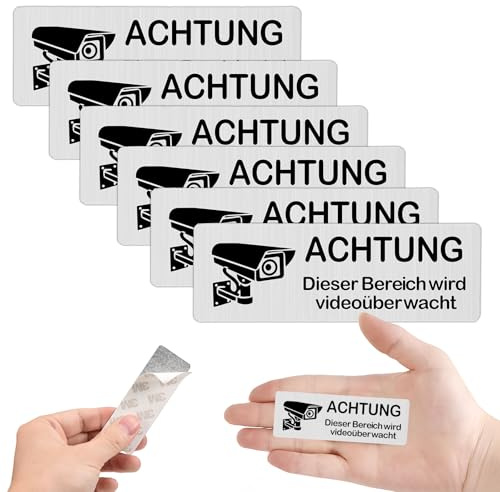 Holtrae 6 Stück Schild Videoüberwachung Schilder, 85mm×30mm Selbstklebend Aluminium Hinweisschild,Achtung Videoüberwachung Schild Privatgrundstück, Kamera ÜberwachungSchild, Für Innen und Außenbereich