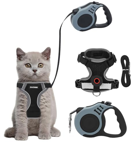 Bindokun Katzengeschirr mit Leine Ausbruchsicher, Katzen Geschirr Set Katzengeschirr Ausbruchsicher für Katze Hunde mit 5 m/16,4 Fuß Katzenleine Verstellbar Katzenweste (Schwarz+Tracker-Halterung, M)