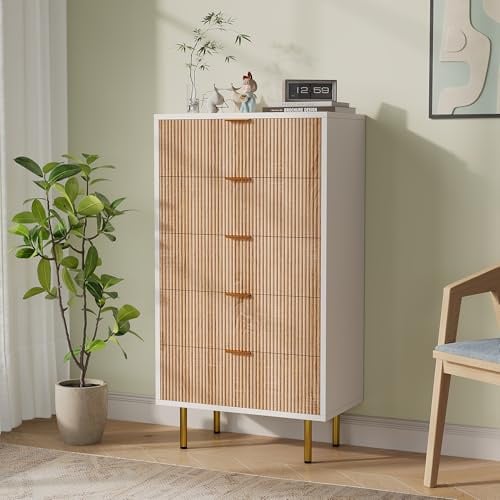Aneutr Kommode mit 5 Schubladen, Sideboard Kommode Holz Moderne Schubladenschrank Küchenschrank mit Metallgriffe für Küche, Esszimmer, Wohnzimmer, Flur (Weiß+Naturholz, 60 x 34 x 109.8 cm)