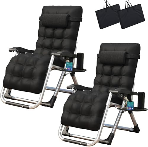LSLIFE Zero Gravity Liegestuhl für Outdoor mit Tassenhalter & Kissen, breiter Verstellbarer Liegestuhl Klapplehnstühle Gartenstühle für Patio Garden Beach Support 200kg (Schwarz 2 Stück)
