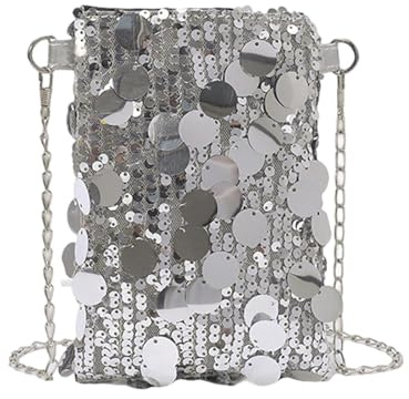 DINGFENG Umhängetasche Glitzer Silber, Kleine Tasche Damen Pailletten | Crossbody Handytasche zum Umhängen, Mini Handtasche Damen Abendtasche mit Kette, Silber Handy Umhängetasche 18x13x2 cm