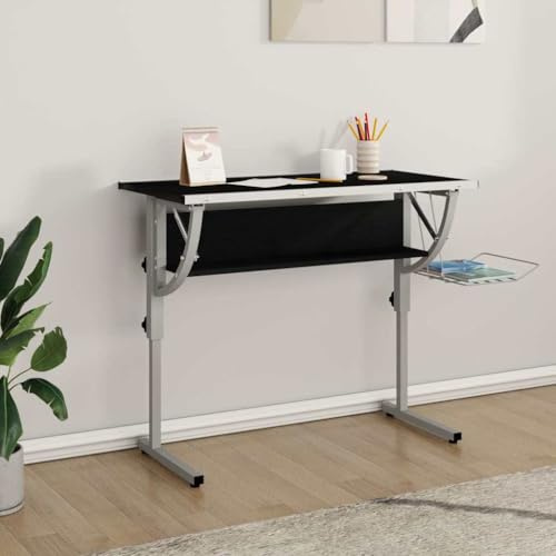 PUGYNBK Tavolo per bricolage, 110 x 53 x (58-87) cm, in legno e acciaio, piano regolabile per lavorare ergonomicamente, con ripiano e portariviste, regolabile in altezza