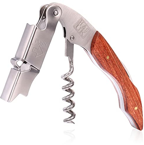 H&S Tire Bouchon en Acier Inoxydable - 3-en-1 Tire-bouchon de Serveur & Sommelier - Ouvre Bouteille Professionnel avec Lame Coupe Film & Poignée en Bois - Tous Types de Bouchons