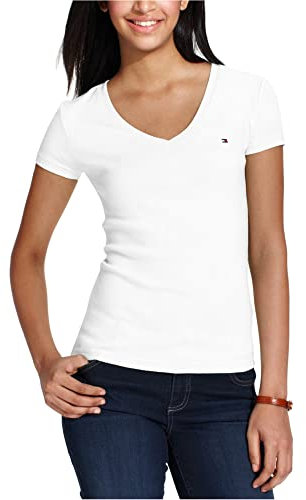 Tommy Hilfiger - Camisetas de manga corta de algodón para mujer con escote de pico y detalle de logotipo, Blanco, XS