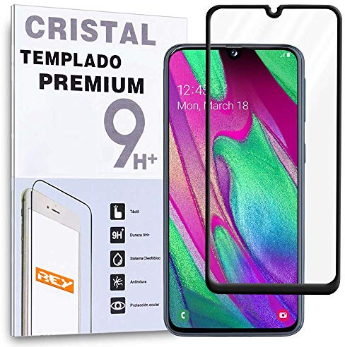 REY 3D Bildschirmschutz aus gehärtetem Glas für Samsung Galaxy A40 Schwarz, Displayschutzfolie 9H+ Härte, Anti-Kratzen-Öl-Bläschen, Voller Schutz, 3D, 4D, 5D