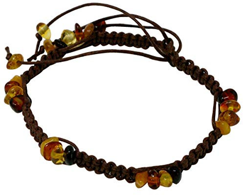 UDIG Edelstein Bernstein Armband Shambala mit Flechtband Textil, Farbe wählbar, schwarz weiß braun grün, Edelsteinarmband Bernsteinarmband (Braun)