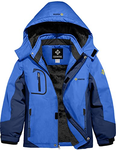 GEMYSE Jungen Skijacke Wasserdichte Winddichte Winterjacke Warm Gefütterte Kinder Schneejacke mit Kapuze für Outdoor(Blaue Marine,128-134)