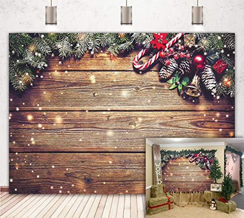 BINQOO 2,1 x 1,5 m Weihnachten Schneeflocke Holz Wand Fotografie Hintergrund Gold Glitzer Xmas Rustikale Scheune Vintage Holzboden Hintergrund für Kinder Portrait Foto Studio Booth Photobooth