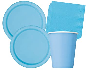 Isola Party Kit Festa di Compleanno Tinta Unita Azzurro per 16 Persone Eco-Friendly (16 Piatti ⌀ 23 cm, 14 Bicchieri 266 ml, 20 Tovaglioli 33x33 cm)