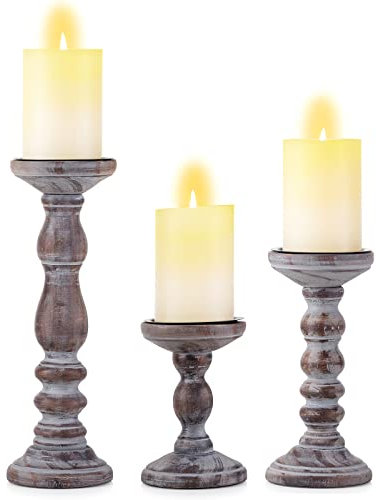 Romadedi 3er Set Dekorativer Kerzenständer aus Holz für Stumpenkerzen - Rustikaler Stil für Kaminsims, Beistelltisch, Regal im Bauernhaus - Braun, 15,2 cm, 21,1 cm, 30,5 cm