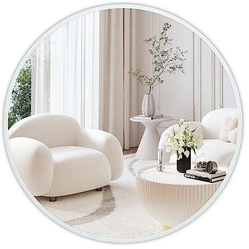 Dripex Rund Wandspiegel 50cm mit Aluminiumrahmen,dekorativer HD Wandspiegel Schminkspiegel für Badzimmer/Ankleidezimmer/Wohnzimmer,unbrechbarer Spiegel (Weiß)