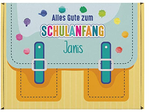 Striefchen® Alles Gute zum Schulanfang - Geschenkverpackung mit Name (Schulranzen Gelb, ca. 21,5 cm x 8,5 cm x 15,5 cm (B/H/T))
