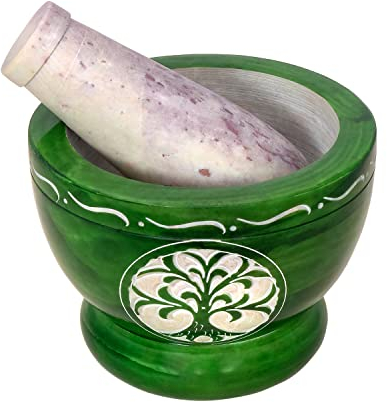 Divit Shilp Mortero y mortero fabricado con piedra dura pulida de alta resistencia, mecanismo de molienda de piedra natural para especias, pastas, hierbas, especias, etc. (Green Tree of Life)