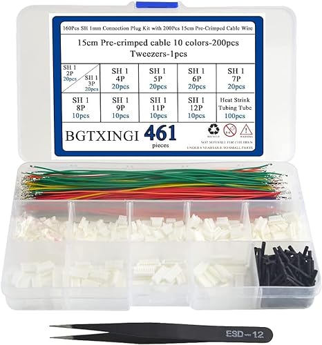 BGTXINGI 160 Stück SH 1 mm Verbindungsstecker-Kit mit 200 Stück 15 cm vorgecrimptem Kabeldraht 2/3/4/5/6/7/8/9/10/12-poliges Haus, kompatibel mit JST PH-Anschluss
