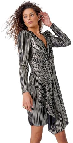 Roman Originals Shimmer Plisse Wrap Dress for Women UK - Ladies Everyday Holiday Autumn Winter Pull-On V-Neck Long Sleeves Comfy Soft Vacation Work - Black - Size 14