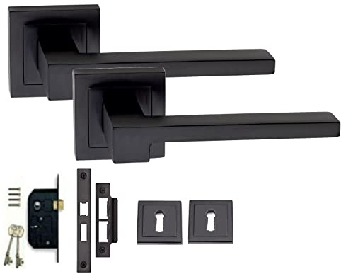 Golden Grace Zeta Lever Latch Door Handles on Square, Key Hole Lock Pack | Includes matching 64mm keyhole mortice lock and spindle; supplied with all screws for quick fitting on internal wooden doors.