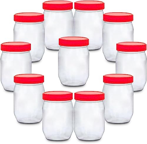 CENNET Pack of 12 Round 300ml Plastic Storage Jar With Screw Top Lids Red Airtight Food Containers BPA Free For Kitchen, Herb, Spices, Sweets Clear Canister pots