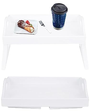 AAMEN Bamboo Bed Table with Foldable Legs, Sofa Armchair Tray, Trays For Eating On Lap, Snack Serving Tray, Small Coffee Table & Laptop Tray, Multipurpose Folding Desk (White)
