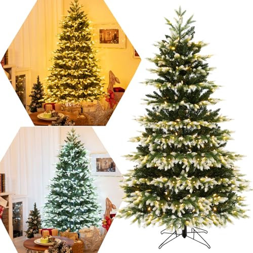 COSTWAY 180 cm Künstlicher Weihnachtsbaum mit Beleuchtung, 3 Lichtmodi | Helligkeit einstellbar | Timer | Schnellanschluss, Tannenbaum mit Metallständer, Weihnachten Christbaum schneebedeckt, Grün
