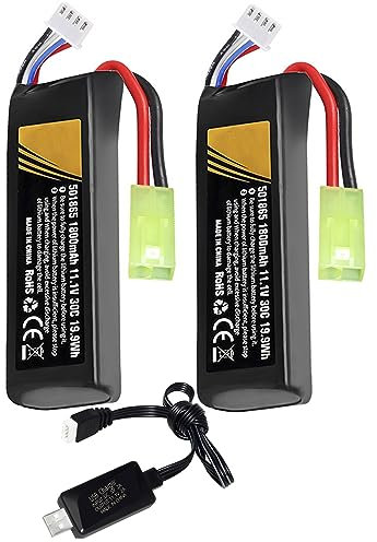 2Pcs Rechargeable Airsoft Battery 11.1V LiPo 1800mAh 30C Mini Tamiya Hobby Battery with 11.1 lipo Battery USB Charger for Airsoft Guns Model splatrball Battery