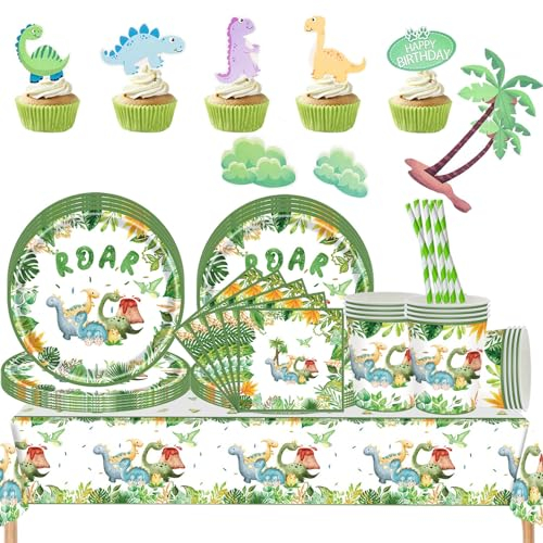 105 Pcs Decoration Anniversaire Dinosaure,Vaisselle Anniversaire Dinosaure de table pour 20 ,Assiette Dinosaure fête d'Anniversaire Dinosaure pour Fournitures de fête d'Anniversaire Dinosaure