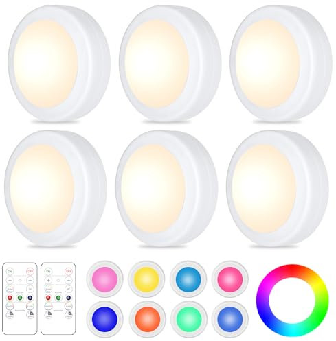 Yiliaw 6er-Pack LED Puck-Lichter mit Fernbedienung,16 Farbwechsel Unterbauleuchten,Batteriebetriebene Nachtlichter mit Dimmer & Timer für Schrank,Schlafzimmer und Küche,Weiß