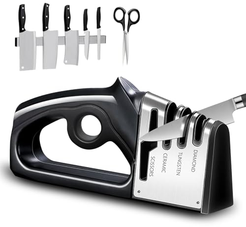 Kitchen Knife Sharpeners, Professional 4-in-1 Knife Sharpener, 4 Stage Manual Knife Sharpener, Kitchen Sharpening Tool with Diamond, Ceramic, Tungsten for Ceramic, Steel Knives and Scissors, Black