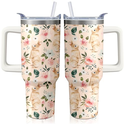Lumumanber 40oz Easter Bunny Tumbler with Handle and Straw, Rabbit Stainless Steel Travel Mug Water Bottle, Vacuum Insulated Cup, Gifts for Women Bunny Lovers