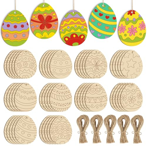 Hinsly 50 Stück Ostereier Holzanhänger Ostern Deko Ostern Basteln Kinder Unvollendete Ostereier zum Aufhängen Osterdeko Holz