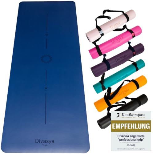 DIVASYA Premium Yogamatte rutschfest: Naturkautschuk rutschfest & japanische professional grip Oberfläche | 185x68x0,45cm | Tragegurt | 4,5mm dicke Yoga Matte rutschfest