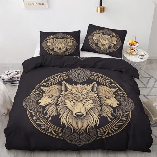 WQIZXCW Wikinger Bettwäsche 200x220 - Viking Wolf Motiv, Weiche und Angenehme Microfaser Bettbezug Set 3 Teilig, 2 Kissenbezug 80x80, mit Reißverschluss, Wendebettwäsche & Zimmer Deko
