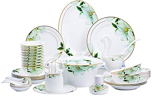 XAoSCd Juegos De Vajilla para 10,Juego De Vajilla De Porcelana Bone China,Juego De Vajilla con Patrón De Flores Jingdezhen, Cuencos Y Platos, 56 Piezas (Estilo 2)