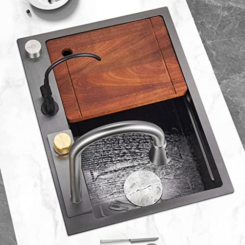 Waschbecken aus Edelstahl 304, Nano-Wasserfall, Einzeltank, multifunktionales Gemüse-Einzelbecken, Wasseraustritt auf der linken Seite, Wasseraustritt durch Herausziehen (Farbe: Grau, Größe: 75 x 46