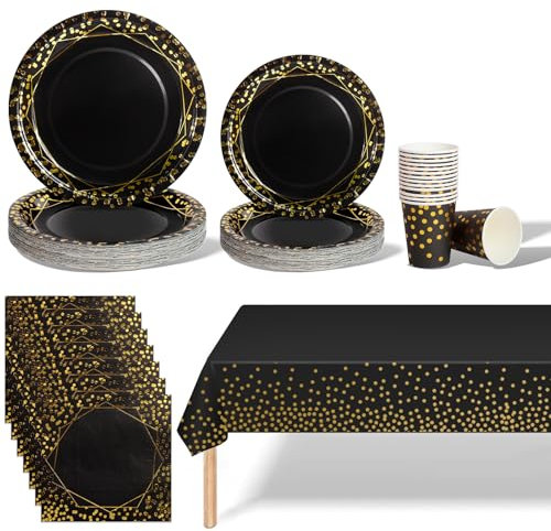 AIPartywar 141PCS Black Gold Party Tableware Decorations for Kids Birthday,Disposable Party Tableware Set Tablecloth Table Covers,Paper Plates,Paper Napkins,Cups for Birthday Wedding Party