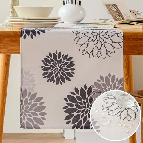 Vorysum Tischläufer Blumen Grau Dahlien Modern Tischläufer Wasserabweisend Leinen,Dekoration Tischdecke Outdoor Sommer Garten für Hochzeit Esszimmer Party Urlaub Dekor 33 x 120 cm