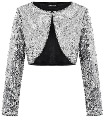 LADI TREND Women Sequin Shrug Bolero Cardigan Long Sleeve Cropped Top Lightweight Jacket Fully Lined Outerwear Show Cocktail Parties Office (Silver L)