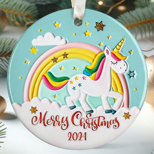 Pawzity Einhorn-Weihnachtsschmuck – Einhorn-Ornamente für Weihnachtsbaum, Kinderornamente – Regenbogen-Einhörner, Keramik-Ornament
