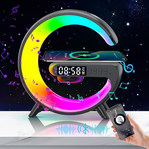 Wireless Speaker Charger Light, Bedside Lamp with 5w Wireless Charger, G Shaped Atmosphere Lamp, USB Smart Color changing Night Light with Bluetooth speaker and Alarm Clock for Bedroom Office (Black)
