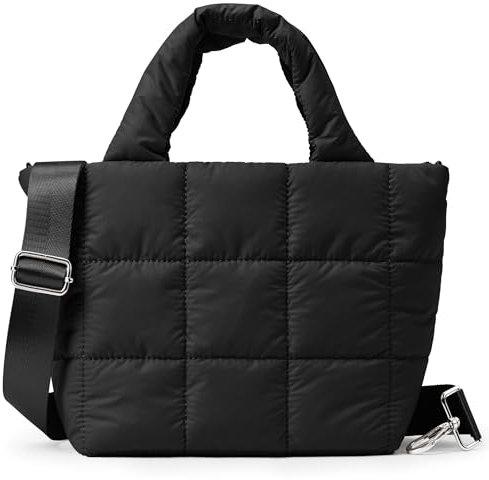 Kalidi Gesteppte Tragetasche, kleine Puffer-Crossbody-Tasche für Damen, leicht, Nylon, Puffy, Schulter-Handtasche mit verstellbarem Riemen, Schwarz, Small