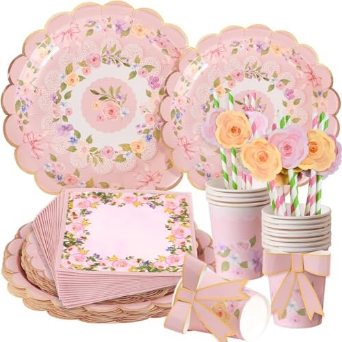 SUNBEAUTY 80pcs Afternoon Tea Decorations Tea Party Decorations with Floral Paper Plates Straws Napkins Bow Cups for Birthday Wedding Baby Shower Anniversary Mother's Day Garden Party Decor