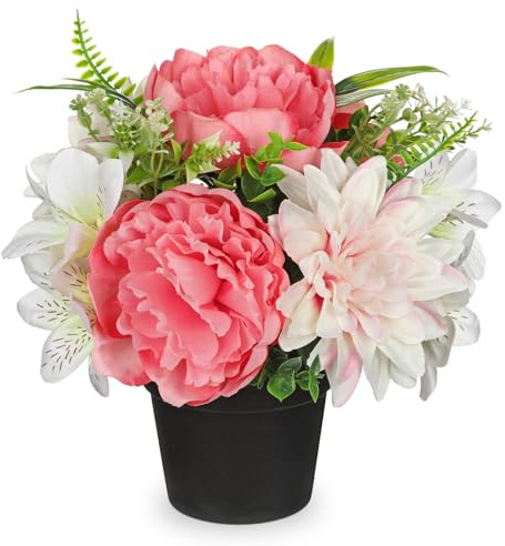 Briful Künstliche Blume im Topf – Realistische Kunstblumen Hellrosa – Dahlie, Pfingstrose, Lilie – Tischdeko für Wohnzimmer, Büro, Fensterbank – ca. 25 cm Hoch