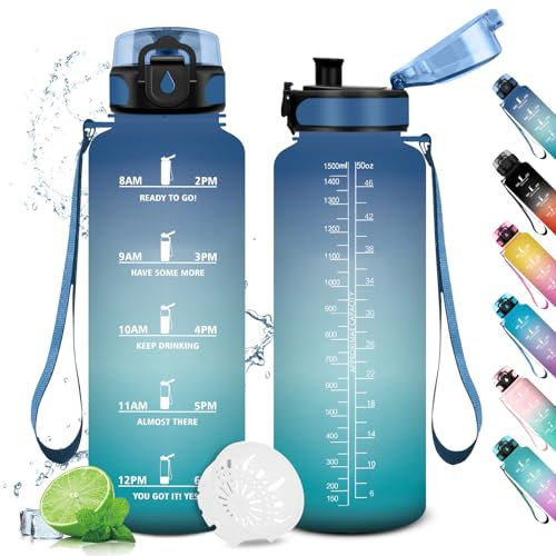 Trinkflasche Sport 1.5L, Trinkflaschen Kohlensäure Geeignet, Wasserflasche Sport Auslaufsicher mit Zeitmarkierung, Trinkflasche mit Filter, Sportflasche für Fitness, Gym, Schule, Outdoor, Yoga