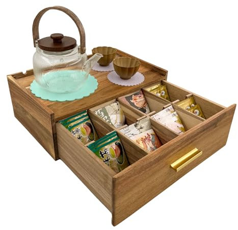 Nakashare Tea Bag Organizer - Acacia Wood Tea Caddy Storage, Tea Station Chest for Countertop, and Tea Box Organizer Storage Drawer