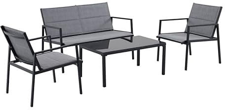 aro Outdoor Loungemöbel 4-TLG., Stahl/Textilene, 2X Einzelsesseln, 1x 2-Sitzer Sofa, 1x Couchtisch, für Garten und Balkon, Schwarz/Grau