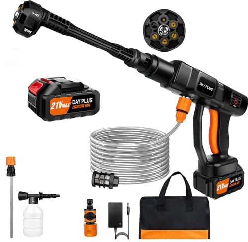 Portable Pressure Washer,45 Bar/652 PSI Cordless Pressure Washer with 2 * 3.0mAh Battery,High Pressure Washer Gun with 6-in-1 Adjustable Nozzle，5 Metre Hose,for Outdoor Cleaning