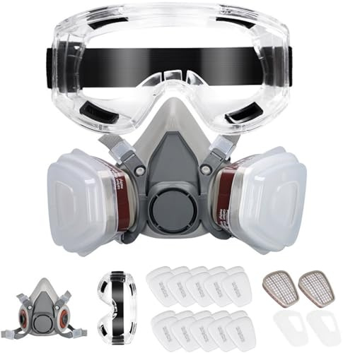 Fuutuu Professional Reusable Half Face Respirator Mask – Gas & Dust Proof Cover with 20 Replaceable Filters – Adjustable Safety Goggles for Painting Welding Woodwork